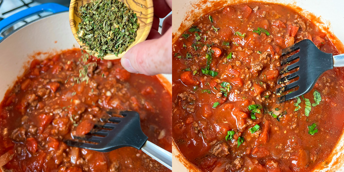 Adding all the ingredients to make los sodium spaghetti sauce