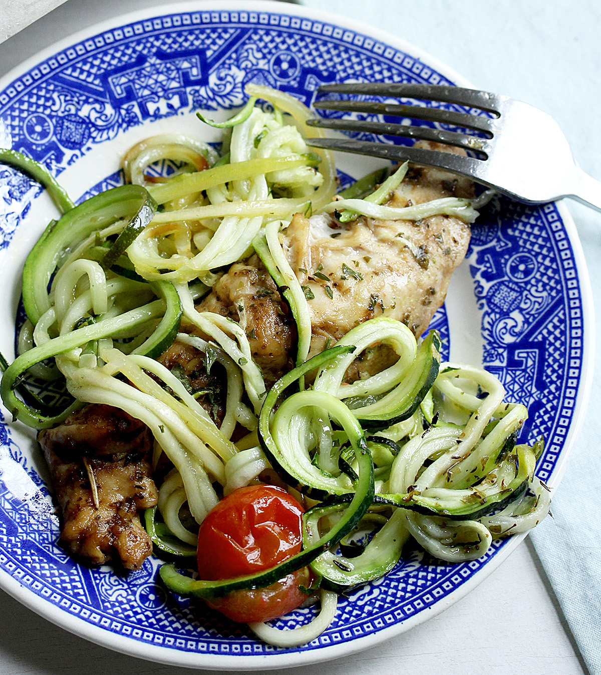 Recipe for marinated balsamic chicken breast tenderloins served with zucchini noodles