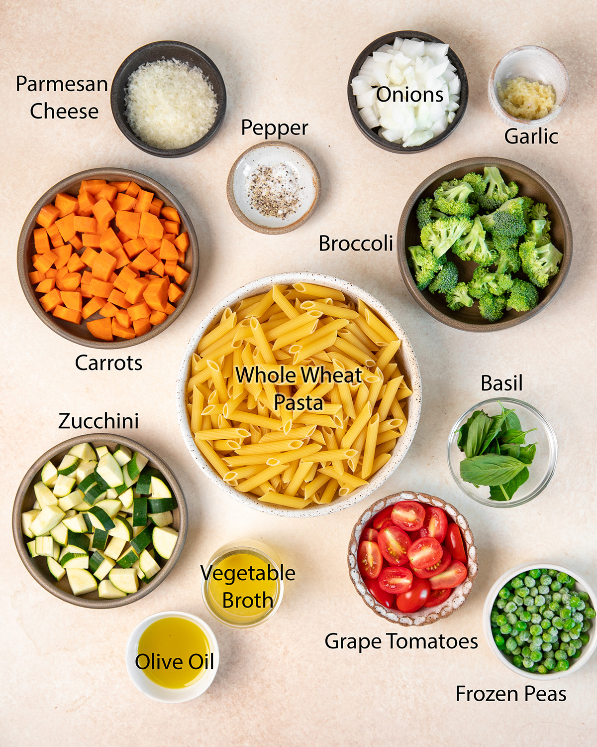 Ingredients for low-sodium pasta primavera.