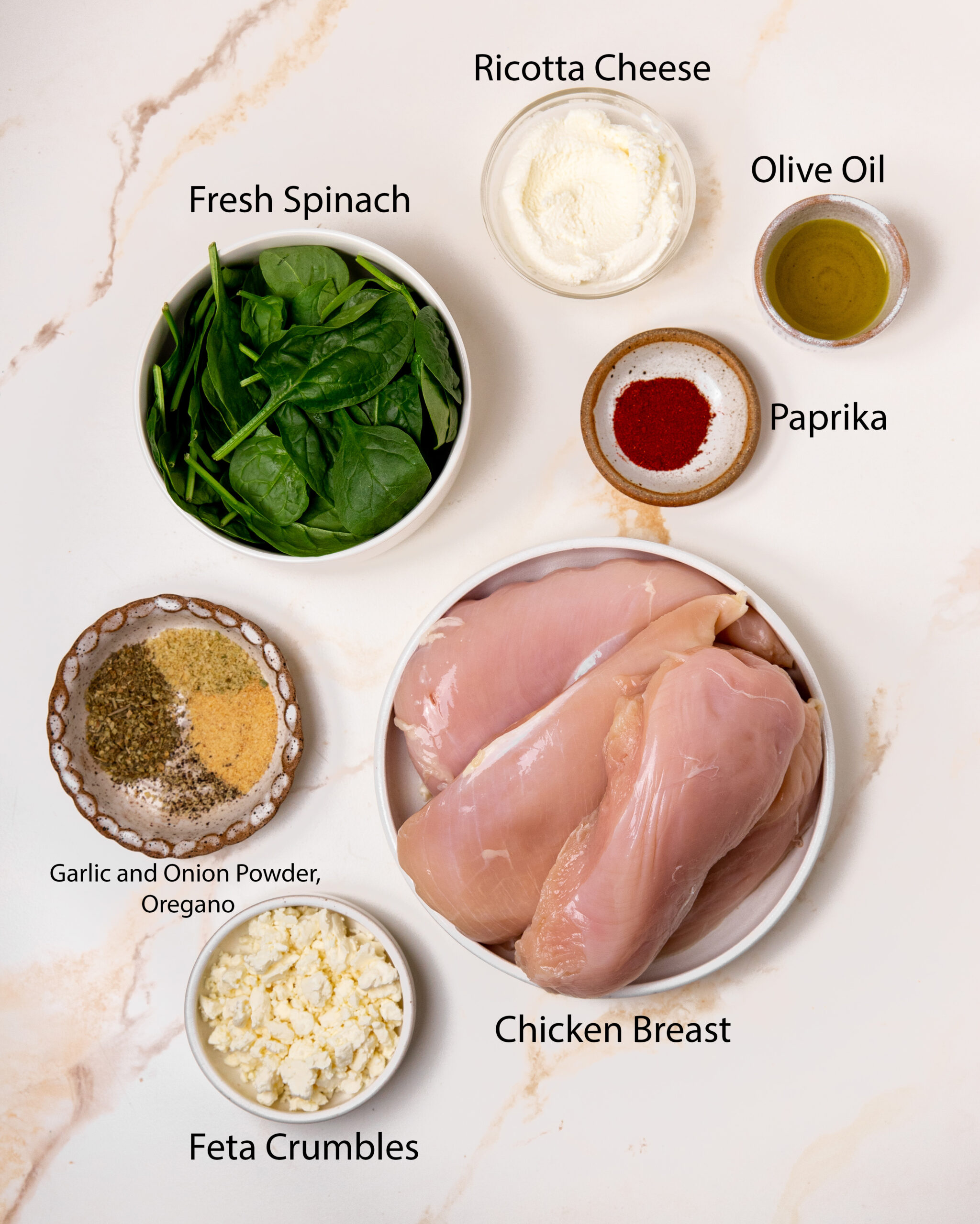 Ingredients for spinach stuffed chicken recipe.