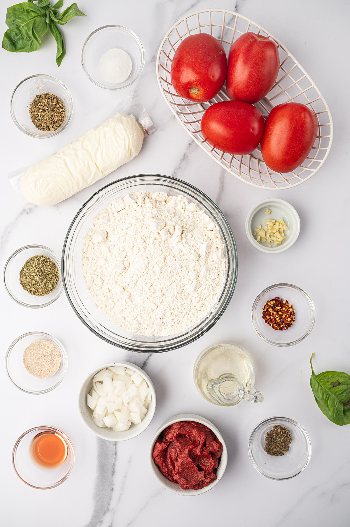 Ingredients for low-sodium Margherita pizza recipe.