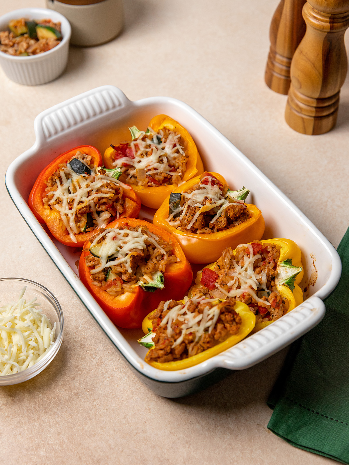 Low-sodium stuffed peppers in a baking dish fresh out of the oven.