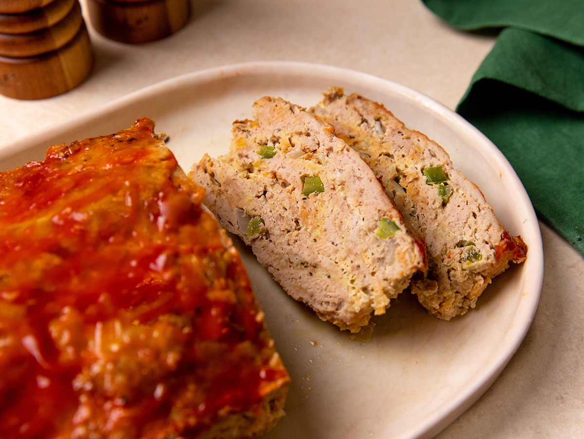 Low-sodium turkey meatloaf on a white plate.