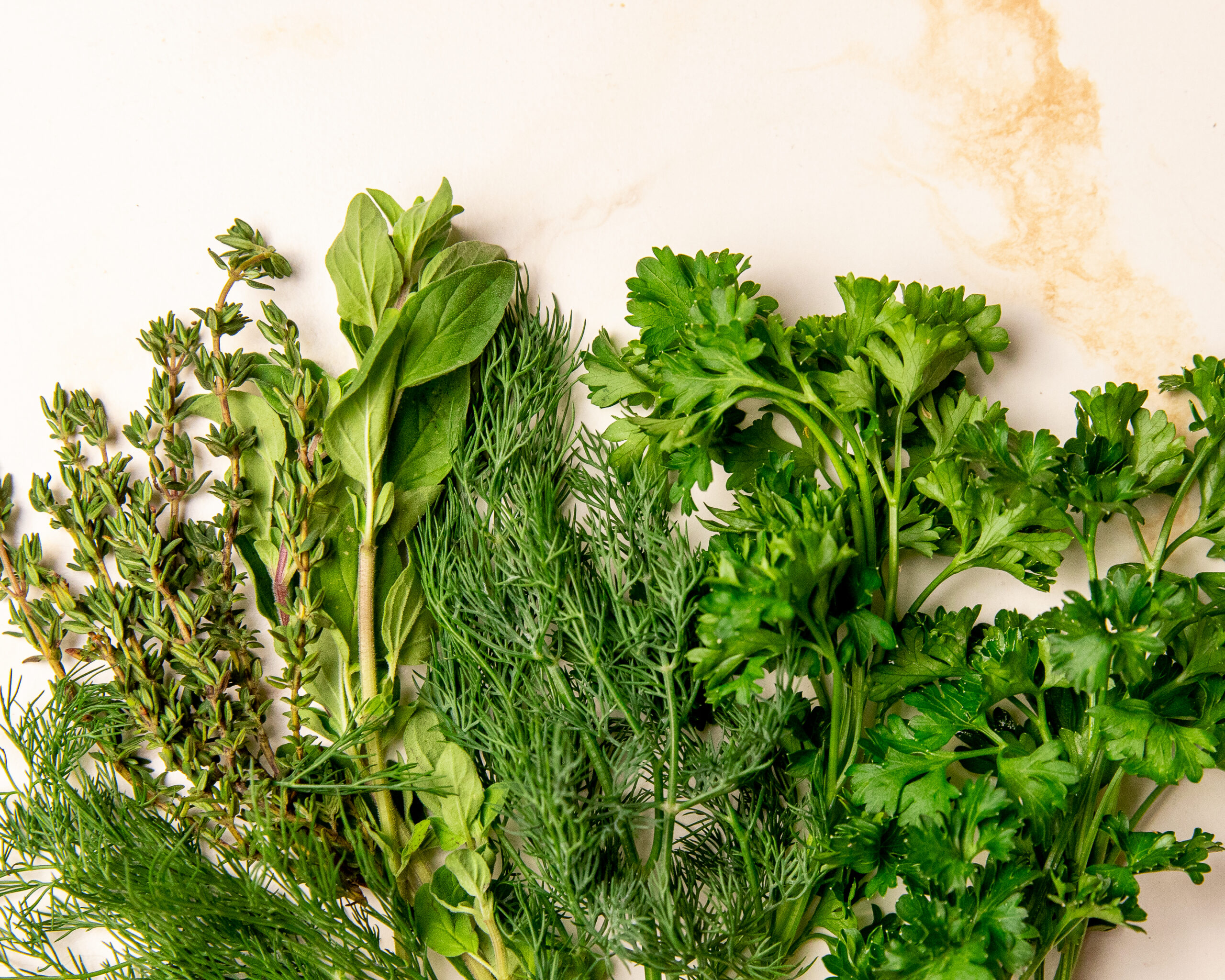 An arrangement of fresh herbs on a marble surface.