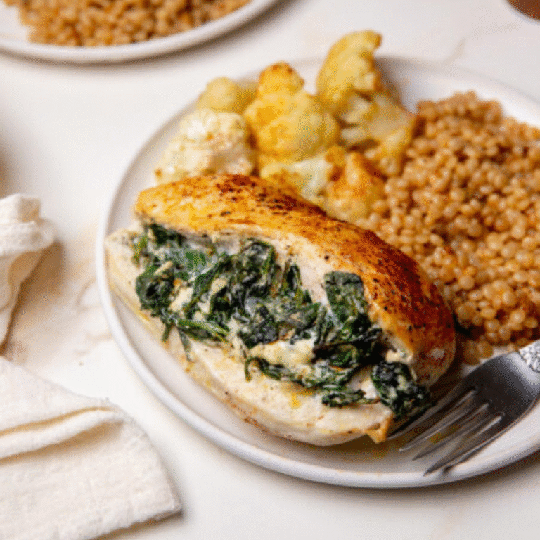 A serving of spinach stuffed chicken on a white plate.